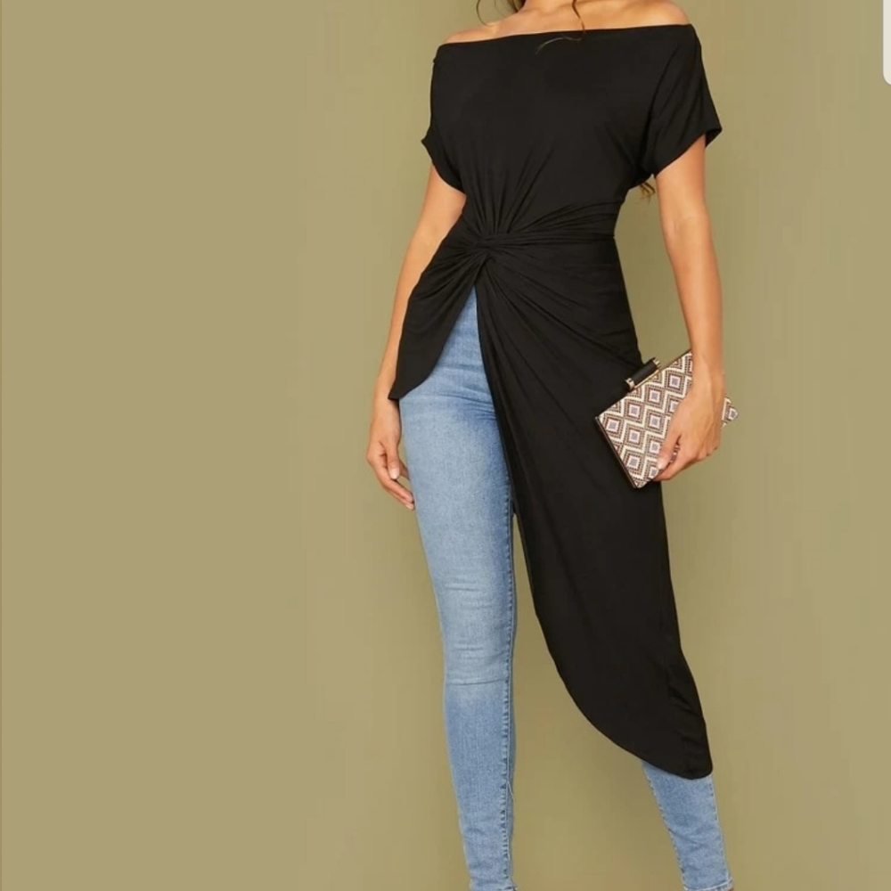 {NEW} SHEIN • Twist Front Asymmetrical Hem Bardot Top